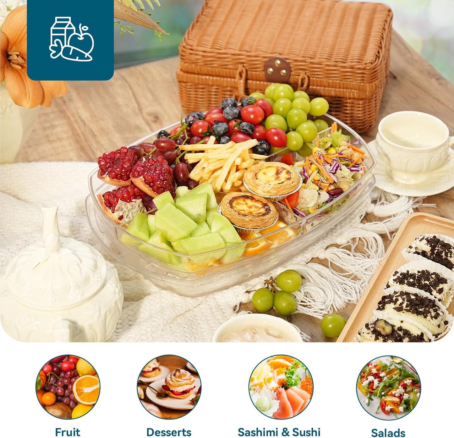 Luckore Chilled Ice Serving Tray, 15.1" Ice Chilled Party Platter, 3 Layers Veggie Platter with Lid, Stackable Appetizer Party with 4 Compartments for Shrimp, Fruits, Veggies