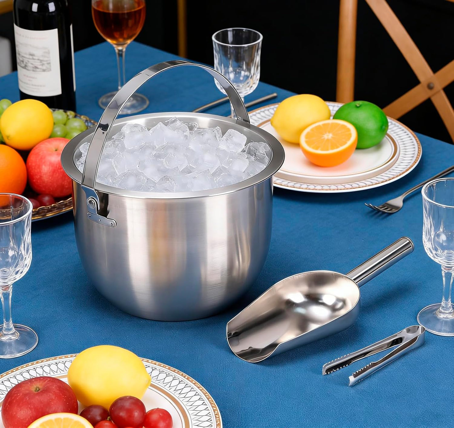 Ice Bucket, Stainless Steel Champagne Bucket with Lid, Double Handles, Scoop & Tongs Set, Drink Cooler for Parties, Wedding, Bar Cart, Patio, Holiday Hosting, New Year Toasts, for Home Entertaining