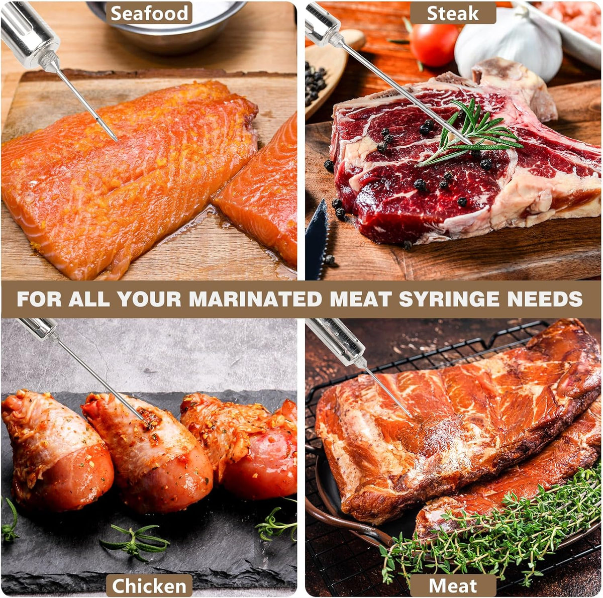 Premium Meat Injector Kit - Stainless Steel Marinade Syringe with 4 Needles, Leak-Proof, Food-Grade Injector for BBQ, Turkey, Chicken, and Grilling（9.15in）