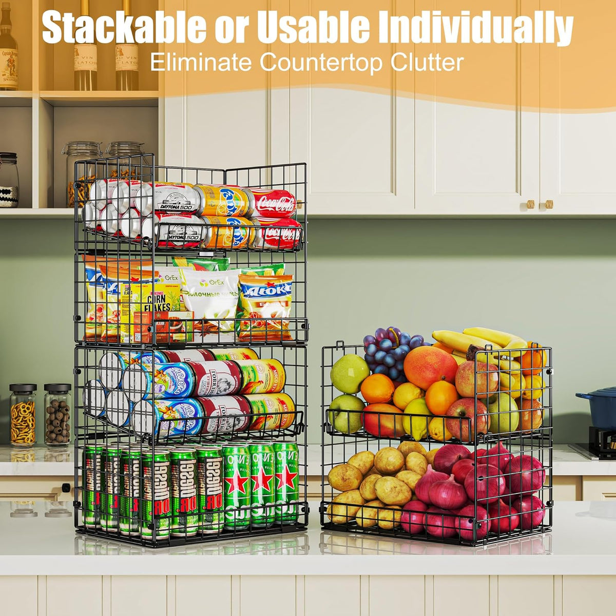JKsmart 3 Pack XXL Stackable Wire Baskets with Handles for Pantry Storage and Organization, Fruit and Vegetable Basket with Name Plates, Metal Storage Bins for Snack Can Fruit Veggies, XXL
