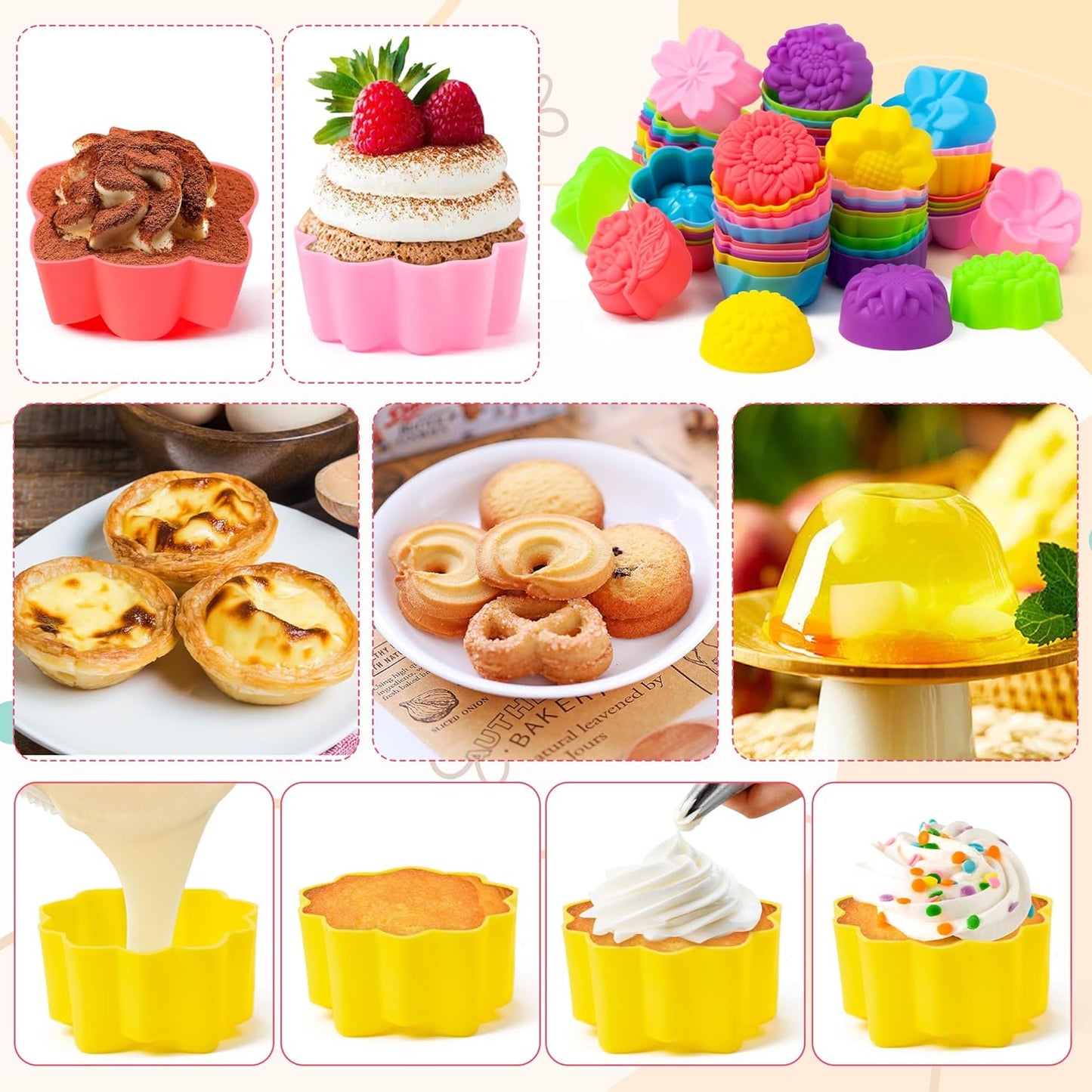 R HORSE Mini Silicone Cupcake Liners Molds - 60Pcs 2 Inch Muticolor Floral Shaped Baking Cups, Reusable Non-Stick Cupcake Wrappers Muffin Baking Liners for Oven Microwave Dishwasher Safe