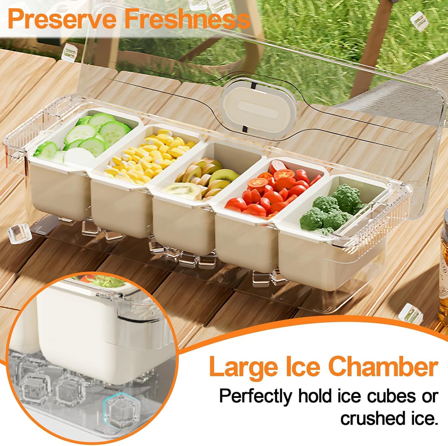SVNNELP Ice Chilled Condiment Caddy Containers Server with Lid,Serving Fruit Tray Platter with 5 Removable Compartments,Garnish Tray for Party Supplies & Bar Accessories for Taco,Salad