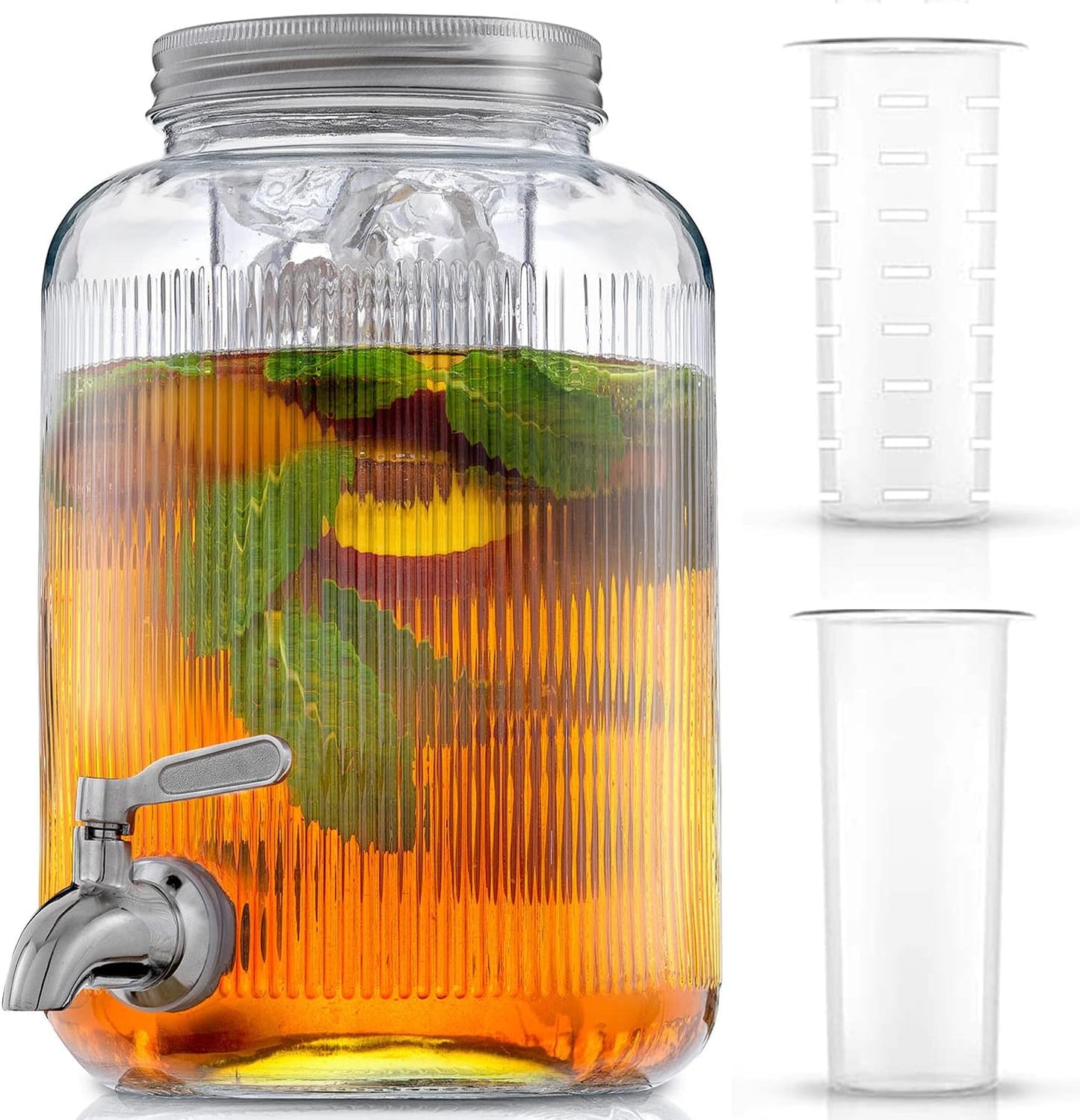1-Gallon Drink Dispenser. Glass Beverage Dispenser with Stainless steel Spigot plus Ice Cylinder and Fruit Infuser! Water Dispenser, Lemonade Stand, Juice Container - Drink Dispensers for Parties