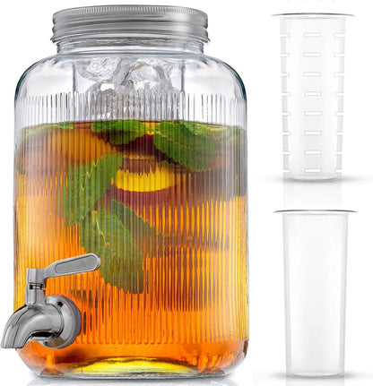 1-Gallon Drink Dispenser. Glass Beverage Dispenser with Stainless steel Spigot plus Ice Cylinder and Fruit Infuser! Water Dispenser, Lemonade Stand, Juice Container - Drink Dispensers for Parties