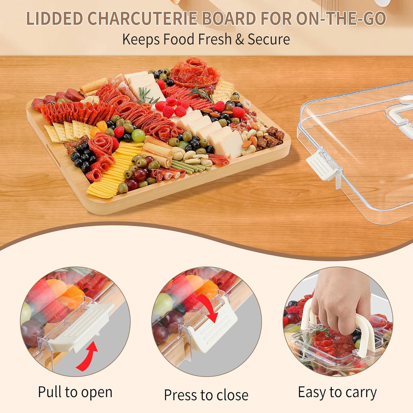 CAWIU Portable Travel Charcuterie Board with Lid and Handle - Large Bamboo Cheese Board with 4 Cheese Knife Set for Outdoor, Picnics - Weddings, House Warming Gift for Women (1 Compartment, White)