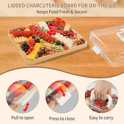 CAWIU Portable Travel Charcuterie Board with Lid and Handle - Large Bamboo Cheese Board with 4 Cheese Knife Set for Outdoor, Picnics - Weddings, House Warming Gift for Women (1 Compartment, White)