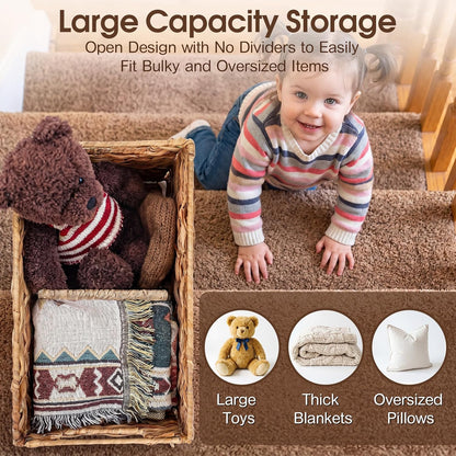 Cinnvoice 2 Pack Stair Storage Baskets 15'' Water Hyacinth Carpeted Wooden Step Bins with Handles for Toys Books Staircase Storage Home Organization