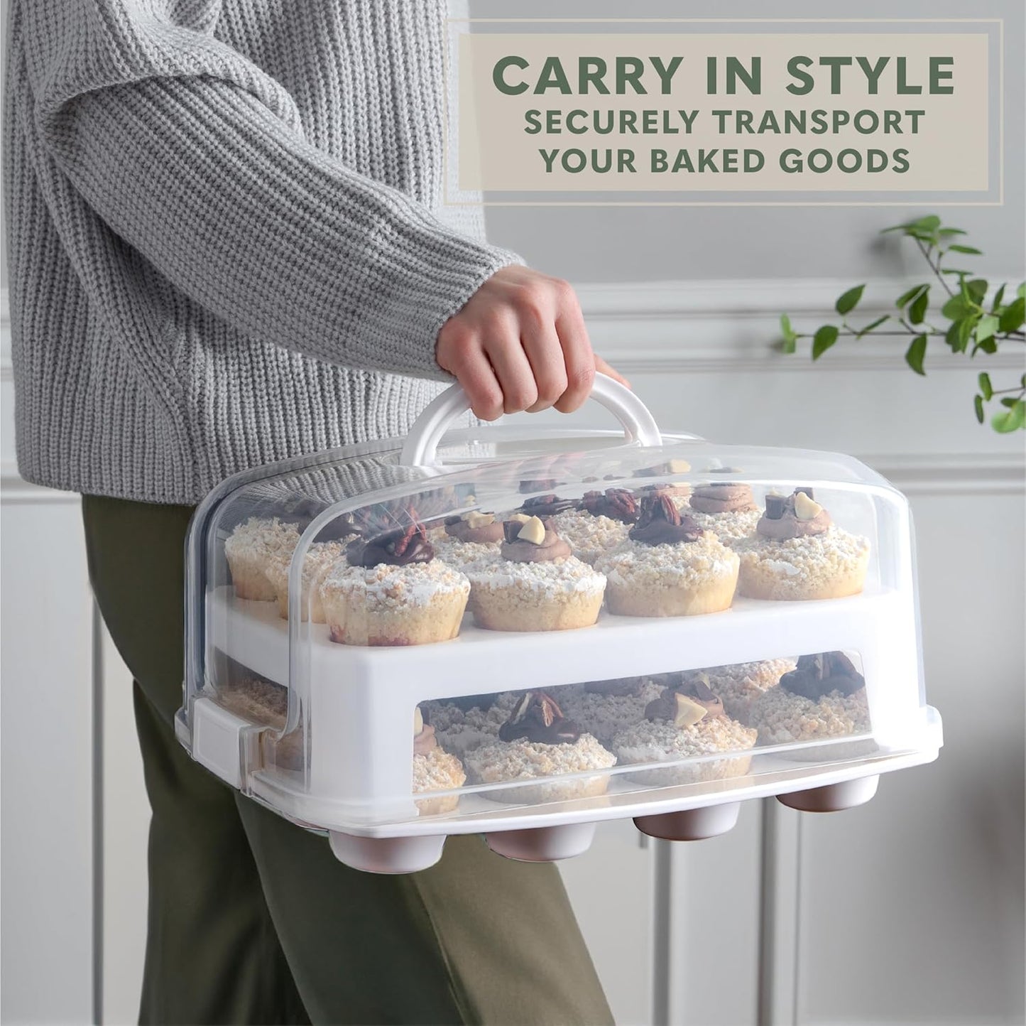 EXTRA TALL DOME 24 Cupcake Carrier, Green Cupcake Holder Carries 24 Cupcake Storage Container, Muffin Traveler Two Tier Stand Reusable Cupcake Box
