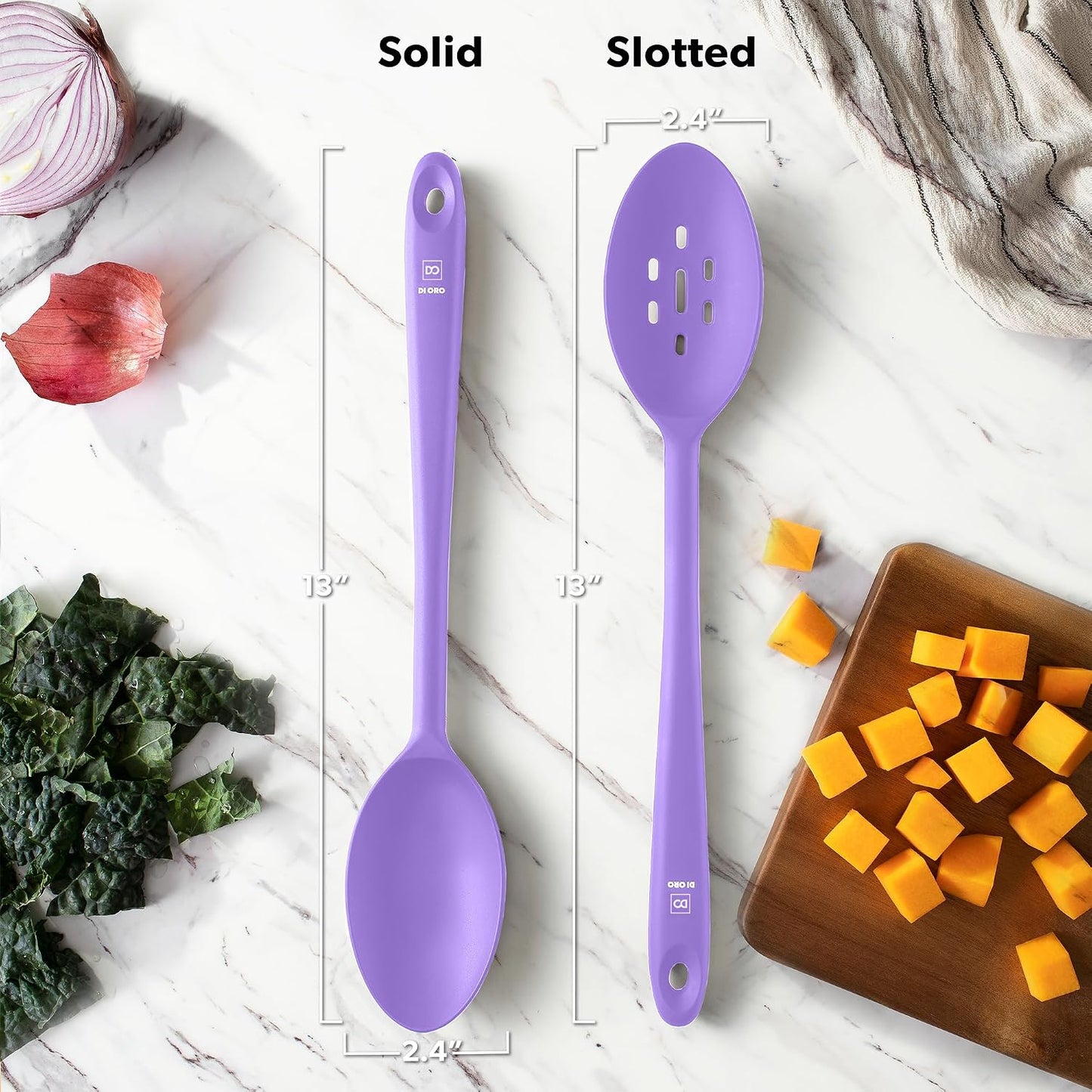 DI ORO Silicone Spoons for Cooking - Large Kitchen Spoons for Mixing, Serving, & Stirring - 600°F Heat-Resistant Non Stick Utensils – Big Solid & Slotted - Dishwasher Safe (2pc, Black)