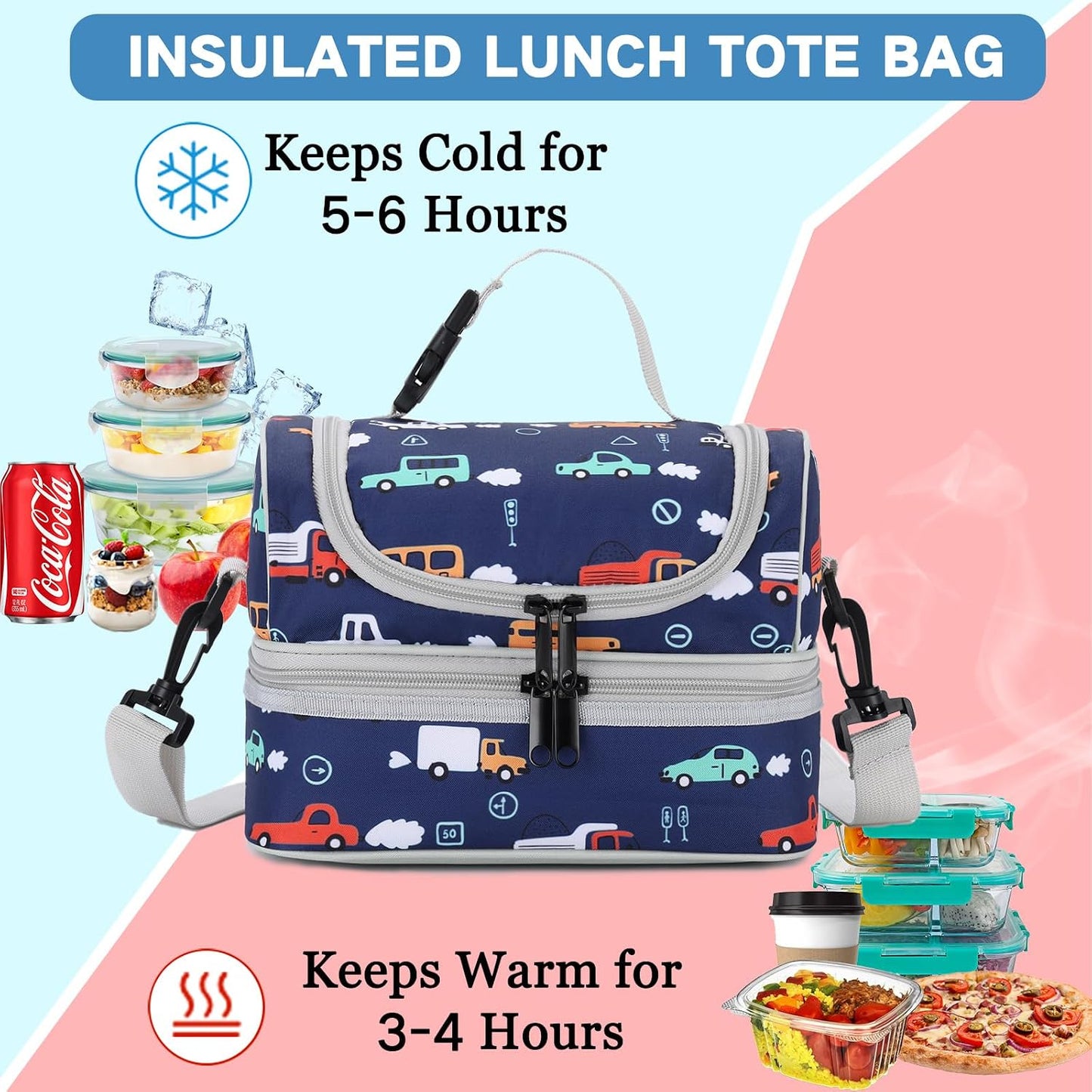 VASCHY Lunch Box Bag Men, Insulated Two Compartments Bento Cooler Bags for Adults/Women/Kids for School,Daycare,Kindergarten,Picnic Black