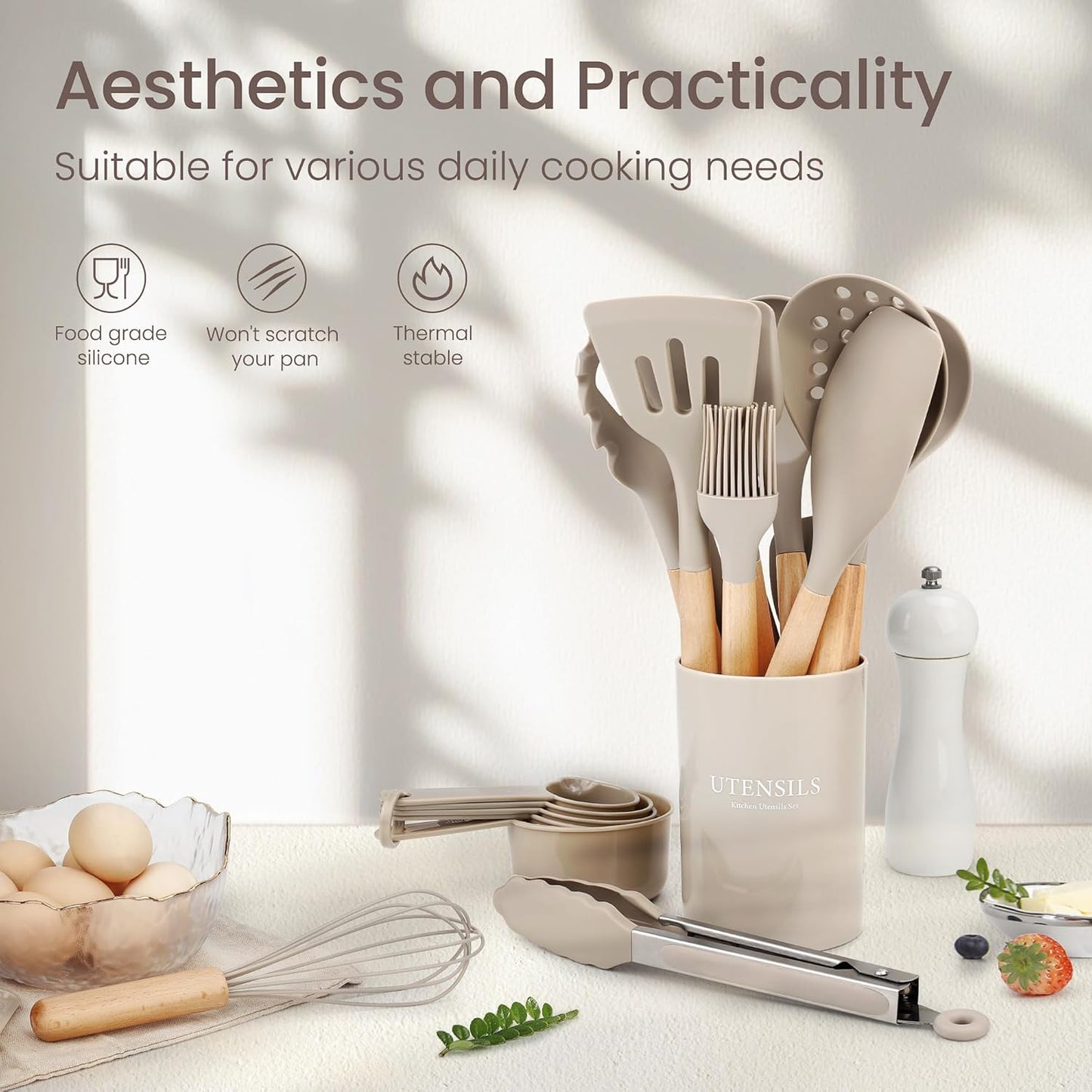 26 Pcs Silicone Cooking Utensils Set with Holder, NCUE BPA Free Kitchen Utensils Set for Cooking, 446°F Spatulas Silicone Heat Resistant Wooden Handle Spoon Tongs Non-stick Kitchen Gadgets (Khaki)