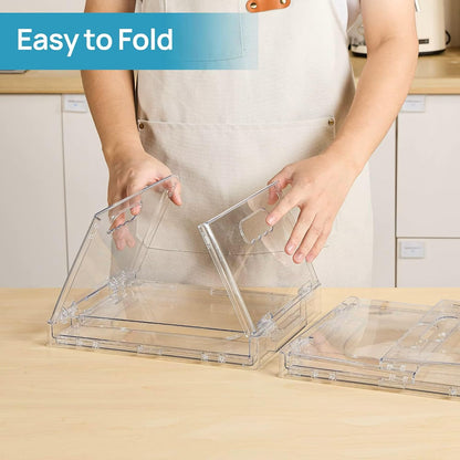 ANUMITRA 2 Pack Large Foldable Open Front Storage Bins with Lids, Stackable Clear Plastic Container Organizer for Pantry, Kitchen, Cabinet, Bathroom, Closet Organizers and Storage