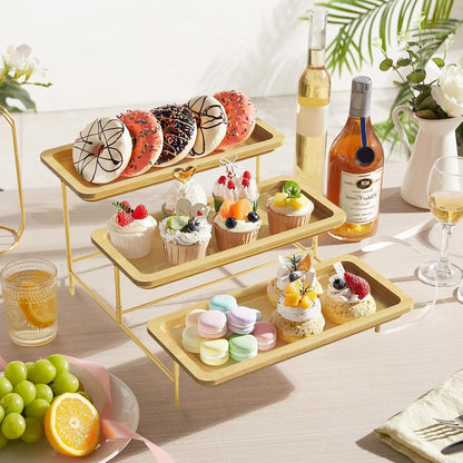 Lifewit 3 Tier Bamboo Serving Tray for Party Supplies, 30 x 17 cm/12" x 6.5" Platters for Serving Food, Reusable Trays with Gold Metal Display Stand for Veggie, Fruit, Cookies, Dessert