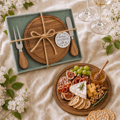 Maxcheck 6 Sets Baby Shower Bridal Game Prizes for Winners Round Cheese Board Set Wood Mini Charcuterie Board with Knives and Forks Thank You Card with Gift Box for Guests Wedding (Bamboo)