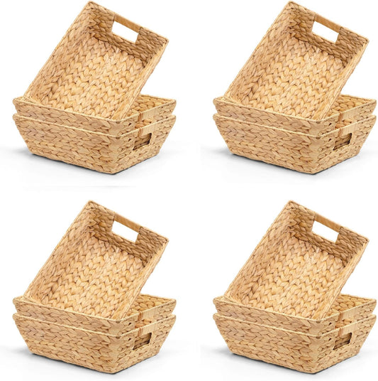 M4DECOR Set of 12 Water Hyacinth Wicker Storage Baskets for Shelves – Woven Snack Baskets for Organizing Pantry, Closet – Natural Storage Bins with Handles (12 Packs)