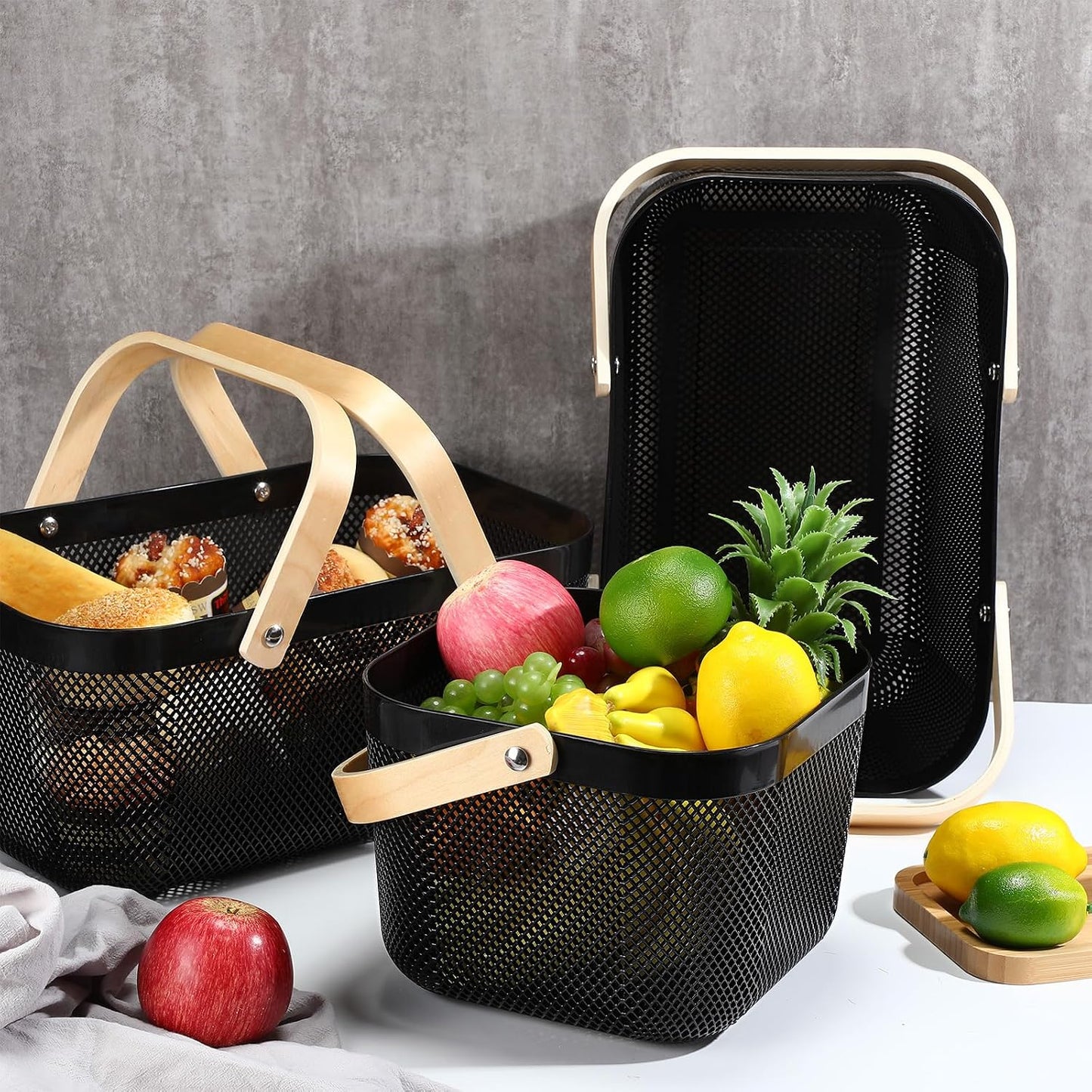 Sadnyy 4 Pcs Plastic Mesh Garden Harvest Basket Storage Basket with Wooden Handle Multi Functional Mesh Bin for Kitchen Cabinet Picnic Fruit Vegetable Gathering Organizer(Large,White)
