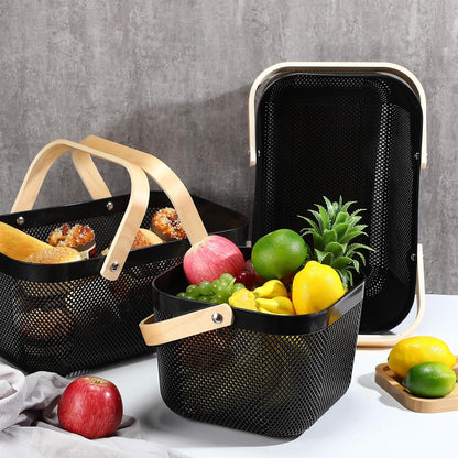 Sadnyy 4 Pcs Plastic Mesh Garden Harvest Basket Storage Basket with Wooden Handle Multi Functional Mesh Bin for Kitchen Cabinet Picnic Fruit Vegetable Gathering Organizer(Large,White)