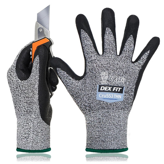 DEX FIT Level 5 Extreme Cut Resistant Gloves Cru553 Thin, Non-Slip Power Grip, Professional Grade 3D Comfort Fit, Thin & Lightweight, Breathable, Touchscreen Compatible, Itch-Free; Grey M (8)