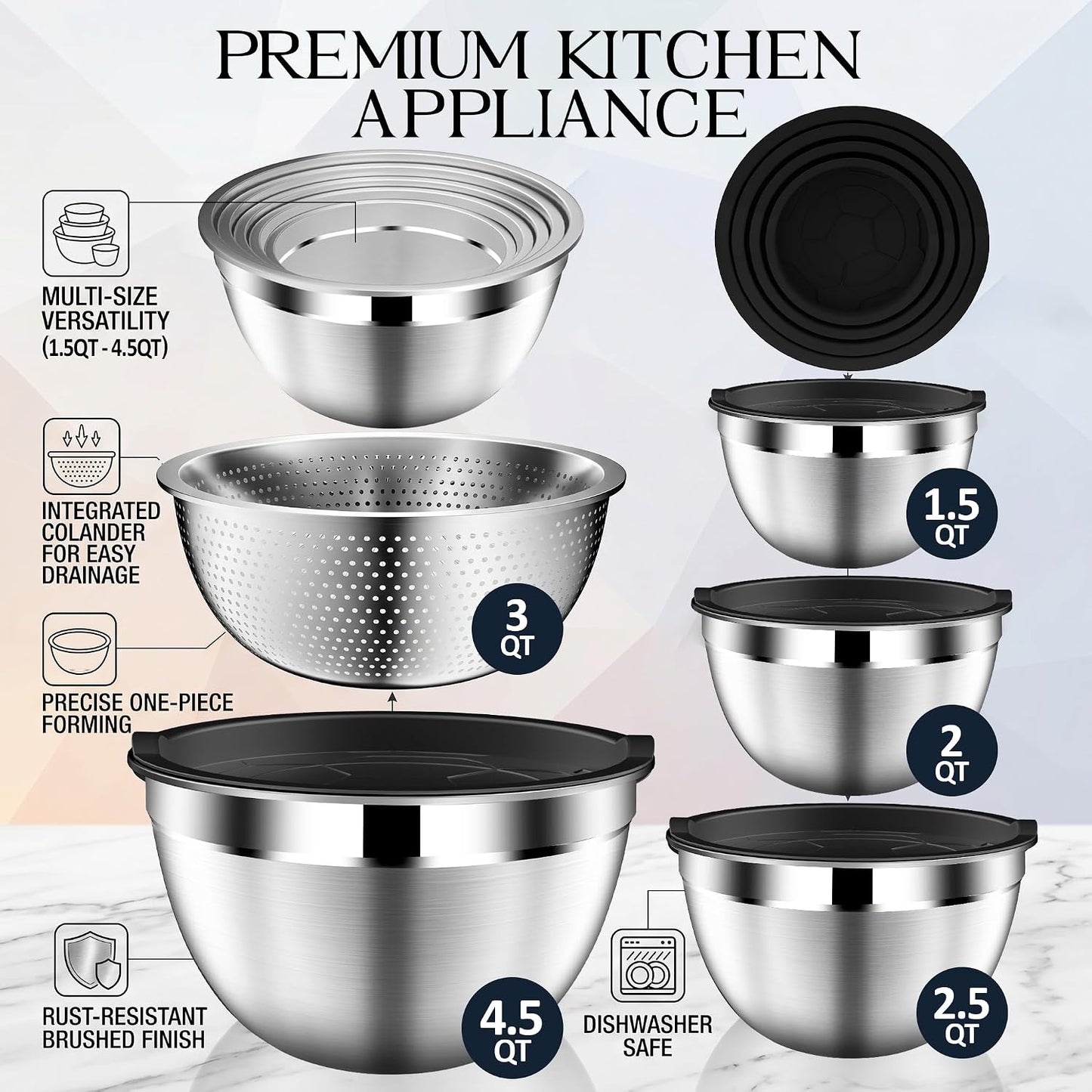 DUTZUN Mixing Bowls with Lids Set - 16pcs Stainless Steel Mixing Bowl Set with Colander, 3 Grater Attachments, Non-Slip Bottom, Metal Nesting Bowls with Strainer for Mixing & Serving - Black