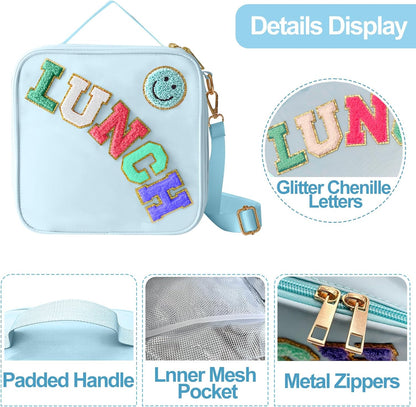 Insulated Lunch Bag With Adjustable Shoulder Strap, Nylon Preppy Lunch Box Large Insulated Lunch Bag Reusable Lunch Tote Bag with Smiley Preppy LunchBag for Girls School Travel Picnic (Green)