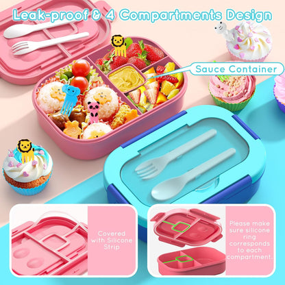 Lunch Box Kid Adult Bento Box, 4-Compartment Food Lunch Containers with Fork & Spoon, BPA Free, Leak-Proof Bento-Style Lunch Box for Work School, Microwave & Dishwasher Safe (Candy)