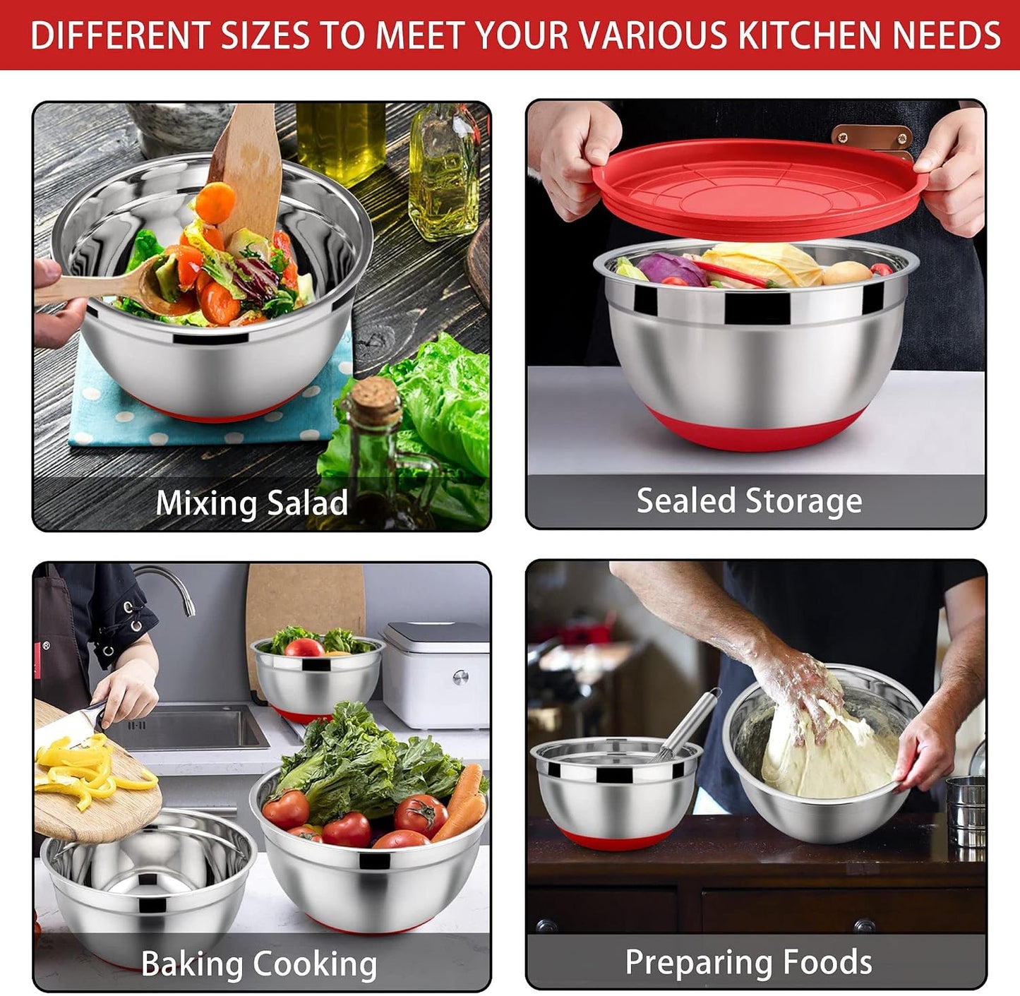 LIANYU Stainless Steel Mixing Bowls Sets of 6, Large 7, 3.5, 2.5, 2, 1.5, 1QT Size with Transparent Airtight Lids, Metal Nesting Serving Bowl Sets for Home Kitchen, Dishwasher & Freezer Safe, Black