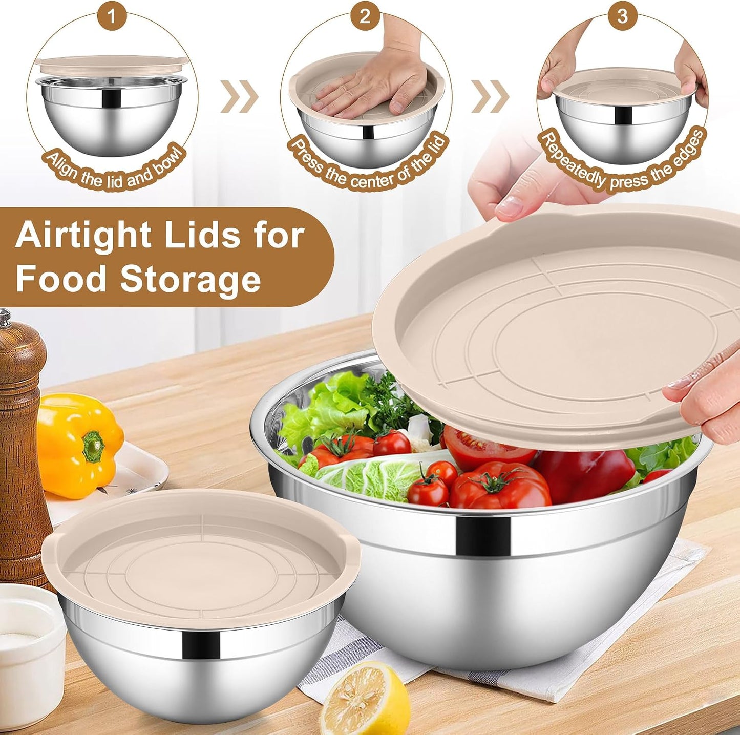 LIANYU Stainless Steel Mixing Bowls Sets of 6, Large 7, 3.5, 2.5, 2, 1.5, 1QT Size with Transparent Airtight Lids, Metal Nesting Serving Bowl Sets for Home Kitchen, Dishwasher & Freezer Safe, Black