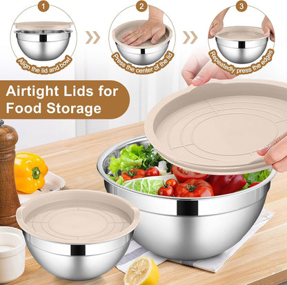 LIANYU Stainless Steel Mixing Bowls Sets of 6, Large 7, 3.5, 2.5, 2, 1.5, 1QT Size with Transparent Airtight Lids, Metal Nesting Serving Bowl Sets for Home Kitchen, Dishwasher & Freezer Safe, Black