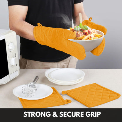Oven Mitt (7"x13") & Pot Holder (8"x8") 100% Cotton Set of Heat Resistant Oven Gloves & Hot Pads for Gifts, BBQ, Cooking, Baking, Thanksgiving - Mustard Yellow