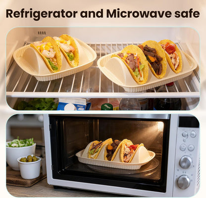 50-Pack Disposable Taco Plates for 2 Tacos & 2 Sides - For Most 4-6 IN Small Hard Shells - Biodegradable Cornstarch Holder Plates - Microwave Safe - Ideal for Fiesta, Bar, Party