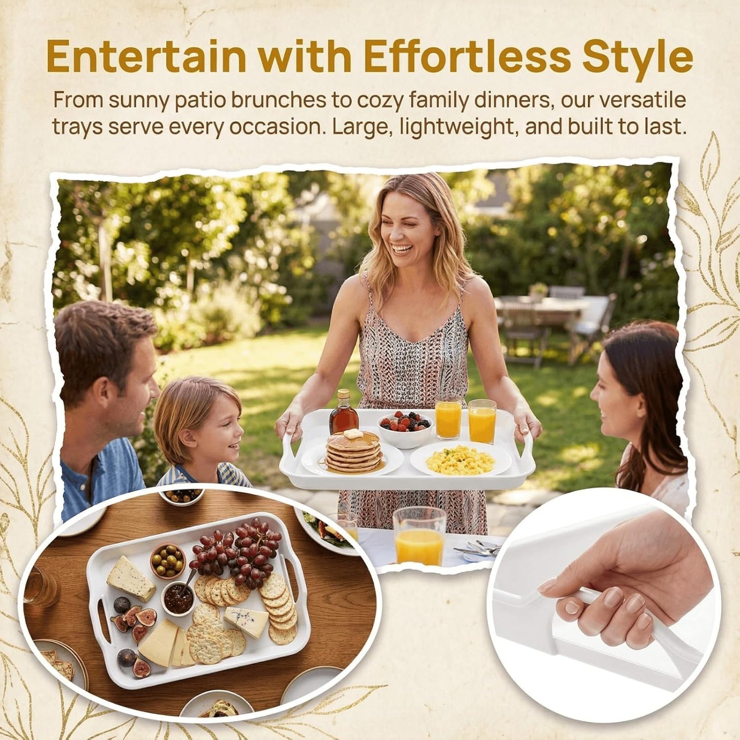 YOUEON 3 Pack White Large Melamine Serving Tray with Handles, 17"x 12" Rectangular Serving Platter Set, Food Serving Trays for Party, Entertaining, Appetizer, Buffet