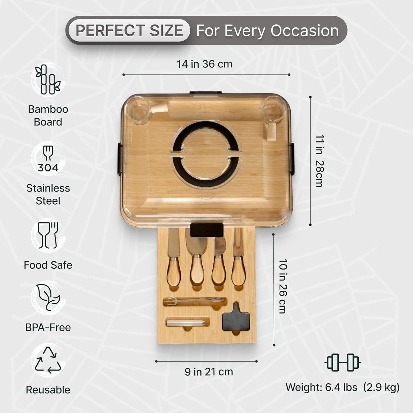 Charcuterie Board Set with Handless Lid – Bamboo Cheese Board with Sliding Drawer, 4 Stainless Steel Cheese Knives, 4 Forks, 2 Glass Bowls, Gift Bag – Perfect for Gift