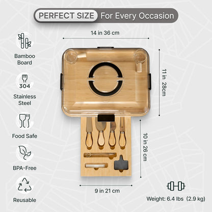 Charcuterie Board Set with Handless Lid – Bamboo Cheese Board with Sliding Drawer, 4 Stainless Steel Cheese Knives, 4 Forks, 2 Glass Bowls, Gift Bag – Perfect for Gift