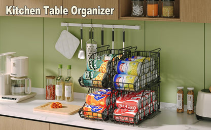 Sonyabecca 4-Pack Stackable Canned Food Organizer with Handles, Soda Can Organizer for Kitchen Pantry Shelves, Foldable Wire Cabinet Shelf for Can Storage, Patent Pending, Black