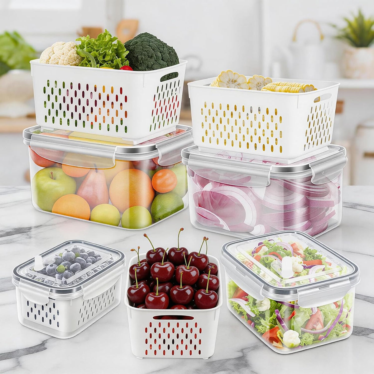 12 Pieces Fruit Storage Containers For Fridge with Removable Colanders