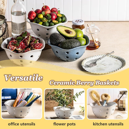 Gomakren Berry Bowls with Holes Ceramic, Berry Washing Bowl Basket Set of 2, 5.8 Inch Round Fruit Bowl Storage Containers, Strawberry Baskets, Farmhouse Kitchen Decor, Yellow + Brown