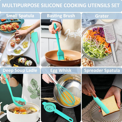 Silicone Kitchen Utensils Set, 16-Piece Silicone Cooking Utensils by Deedro, Heat Resistant Kitchen Tools Set with Holder, Nonstick Spatula Kitchen Gadgets for Cooking & Baking, Colorful