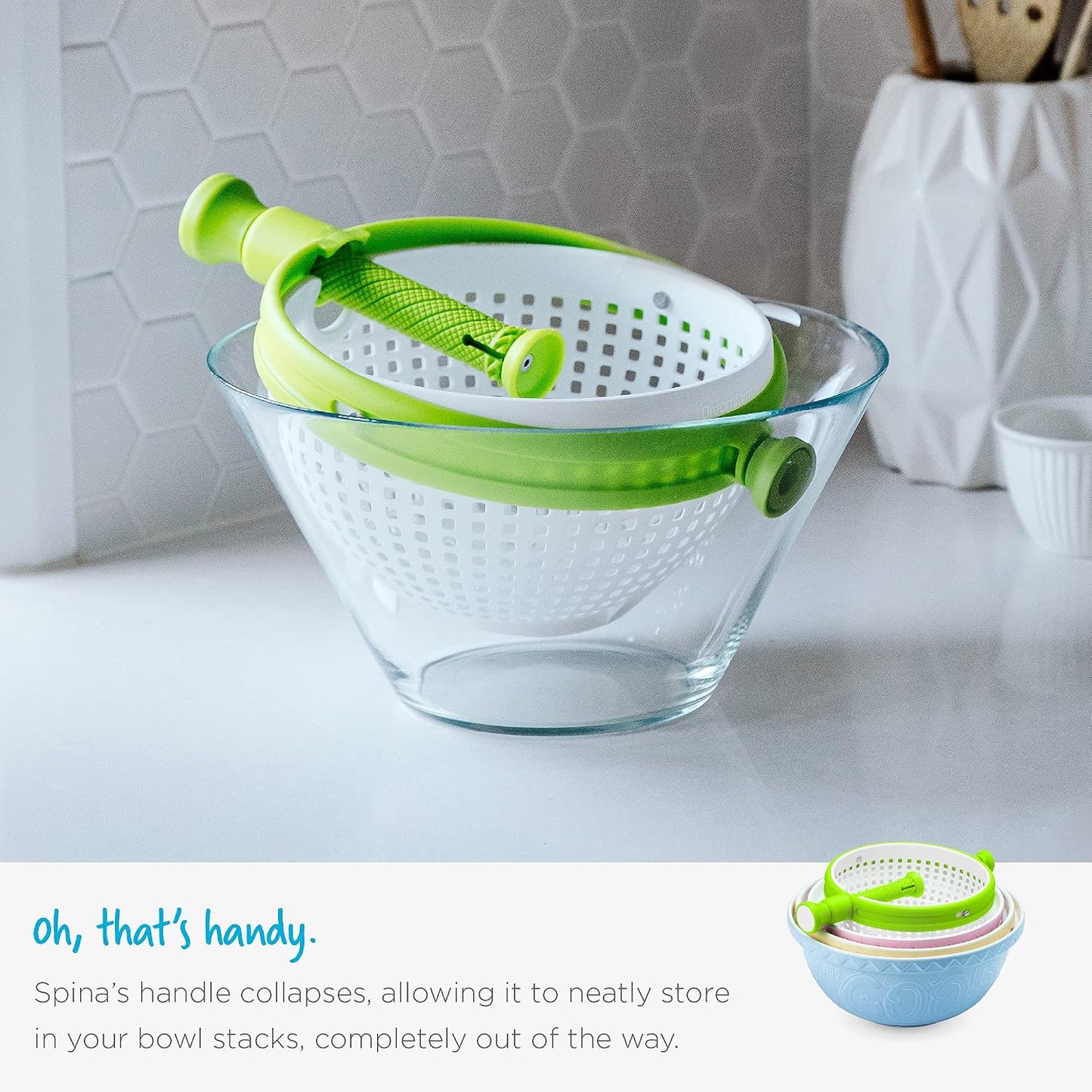 Dreamfarm Spina 2-In-1 Easy-To-Use, Collapsible Salad Spinner & Straining Colander for Salad, Fruit, Vegetable, Lettuce - White/Green | Compact storage, in-sink salad washer and strainer, 12 cup capacity, cleans fruit, vegetables and berries, drains pasta