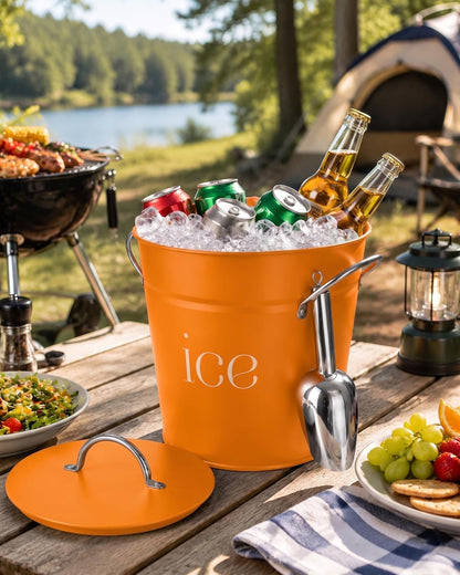 3Qt Black Galvanized Ice Bucket with Lid, Scoop & Handles - Ideal for Cocktails, Parties, BBQs, Wine & Champagne. Double-Layer Insulated Outer & Galvanized Inner Layer, Perfect for Home & Outdoor Use