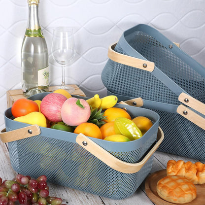 Sadnyy 4 Pcs Plastic Mesh Garden Harvest Basket Storage Basket with Wooden Handle Multi Functional Mesh Bin for Kitchen Cabinet Picnic Fruit Vegetable Gathering Organizer(Large,White)
