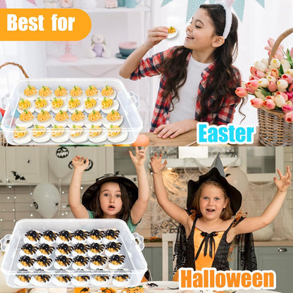 2-Layer Deviled Egg Carrier with Lid,Deviled Egg Trays with Handle,Stack Portable Stackable Trays,Clear Devil Egg Cotainer 48 eggs Holders, for Thanksgiving Day, Easter, Holiday,Parties and Kitchen