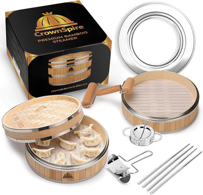 2 Tier Bamboo Steamer | Bamboo Steamer Basket with Reusable Silicone Liner | Food Dim Sum Kit for Cooking Baby Bao Bun, Rice, Vegetable, Fish and Meat