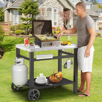 Outdoor Pizza Oven Table for Ninja Woodfire, Blackstone Tabletop Grill, Portable Grill Cart & Food Prep Work Table, Movable Pizza Oven Cart for Backyard BBQ and Patio Parties