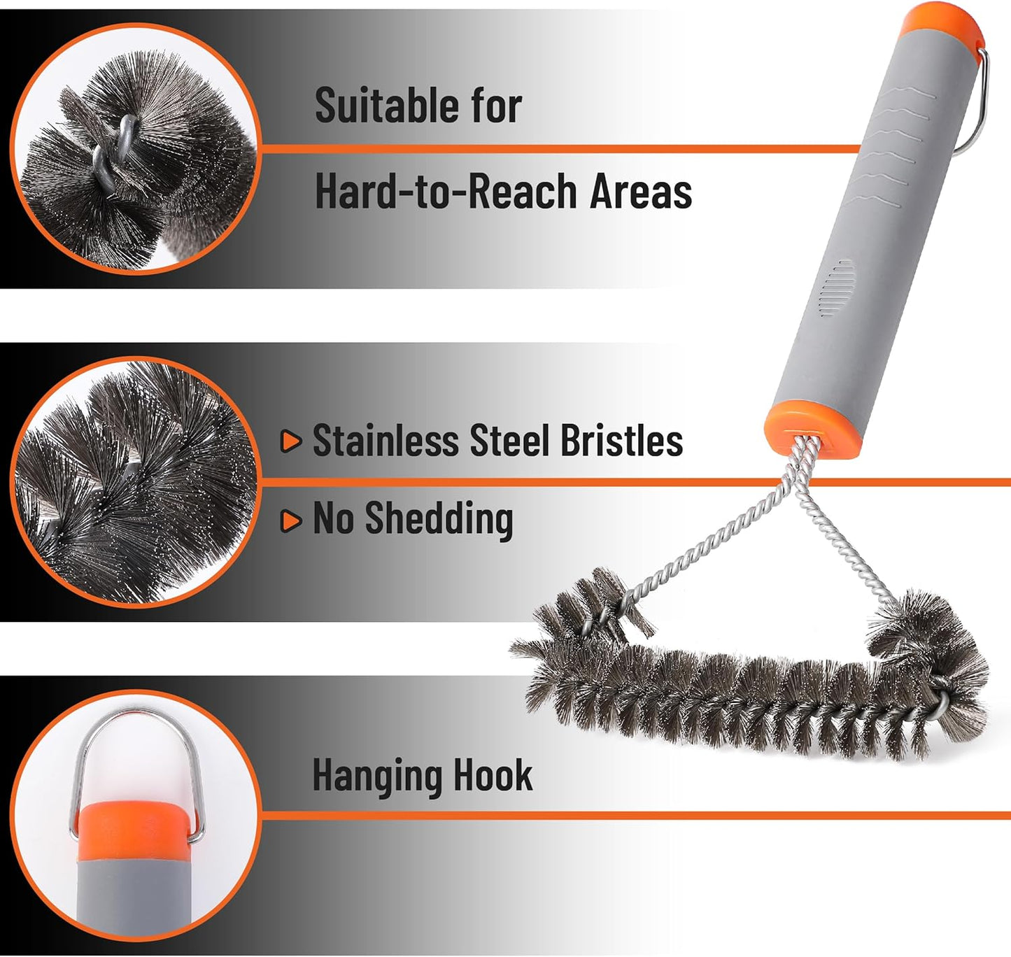 UNCO- 3-Sided Grill Brush - Stainless Steel, 12.2" - BBQ Grill Cleaner Brush