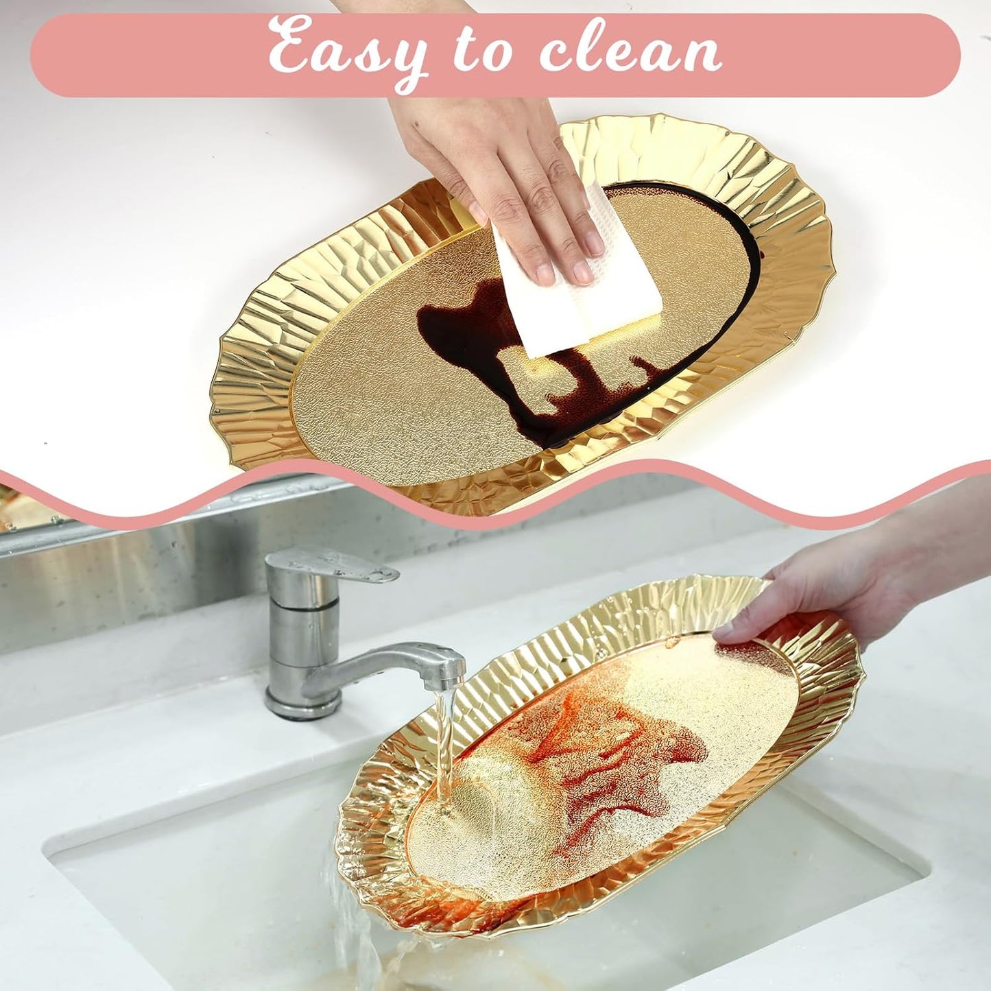 6 Packs Gold Plastic Serving Tray Set, Decorative Plastic Reusable Party Trays Platters for Food, Appetizer Platter, for Dessert Table, Cupcake, Charcuterie(14"x8.5")