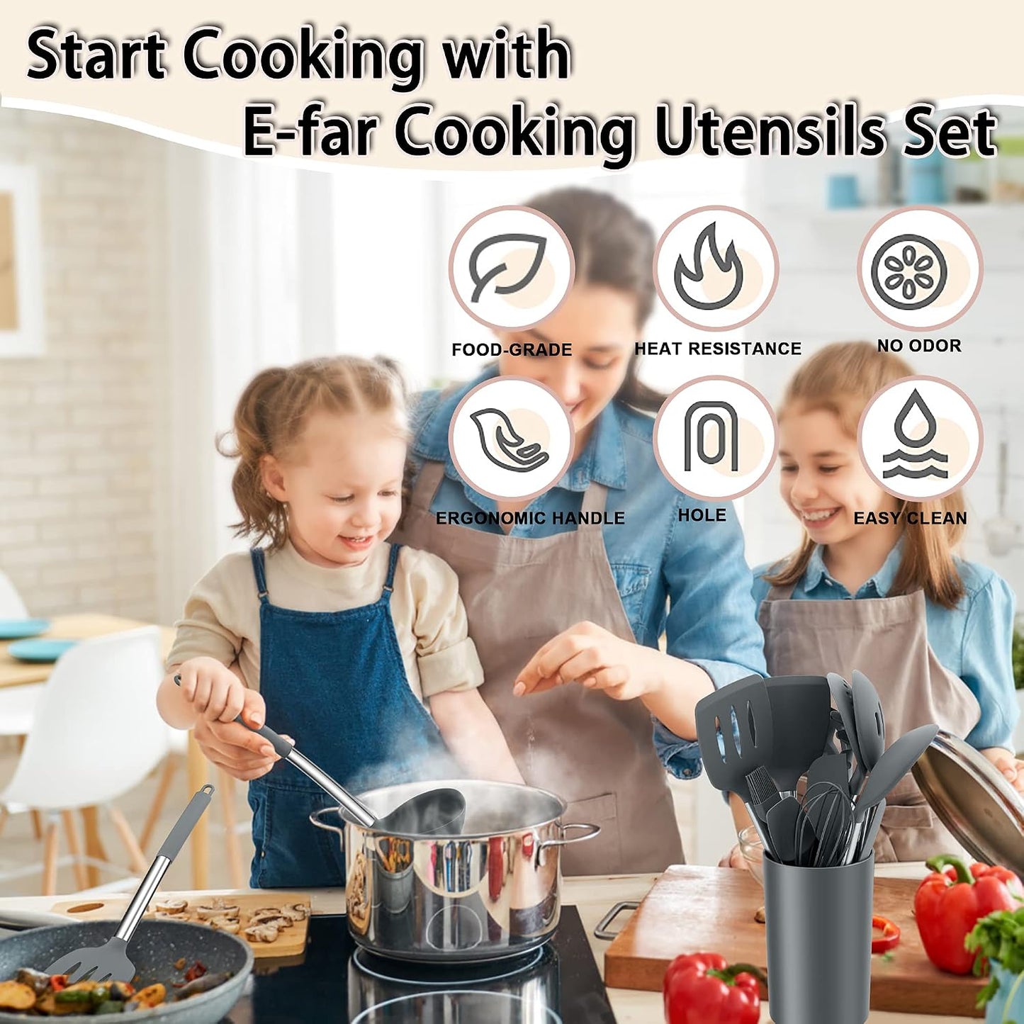 E-far Silicone Cooking Utensils Set, 7 Pcs Heat Resistant Kitchen Utensils with Stainless Steel Handle, Slotted Turner, Spoon, Soup Ladle, Pasta Server, Skimmer, Tongs for Nonstick Cookware, Black