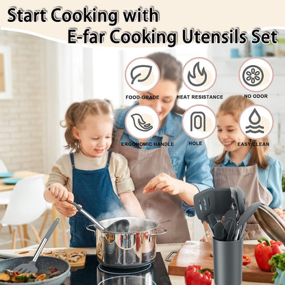 E-far Silicone Cooking Utensils Set, 7 Pcs Heat Resistant Kitchen Utensils with Stainless Steel Handle, Slotted Turner, Spoon, Soup Ladle, Pasta Server, Skimmer, Tongs for Nonstick Cookware, Black