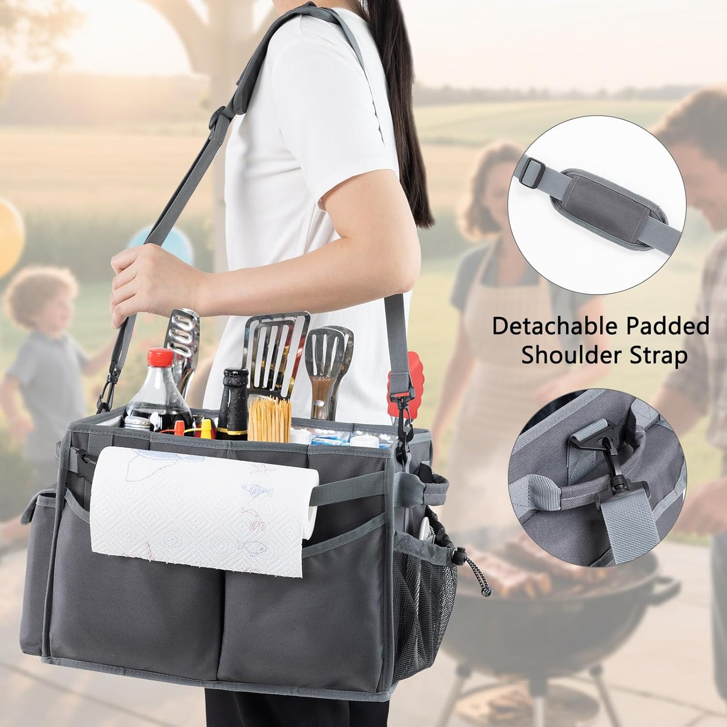 FREECOLSH Black Waterproof Caddy, 16" x 11" x 11", with Detachable Strap and Shoulder Pad for Carrying Utensils and Camping Supplies