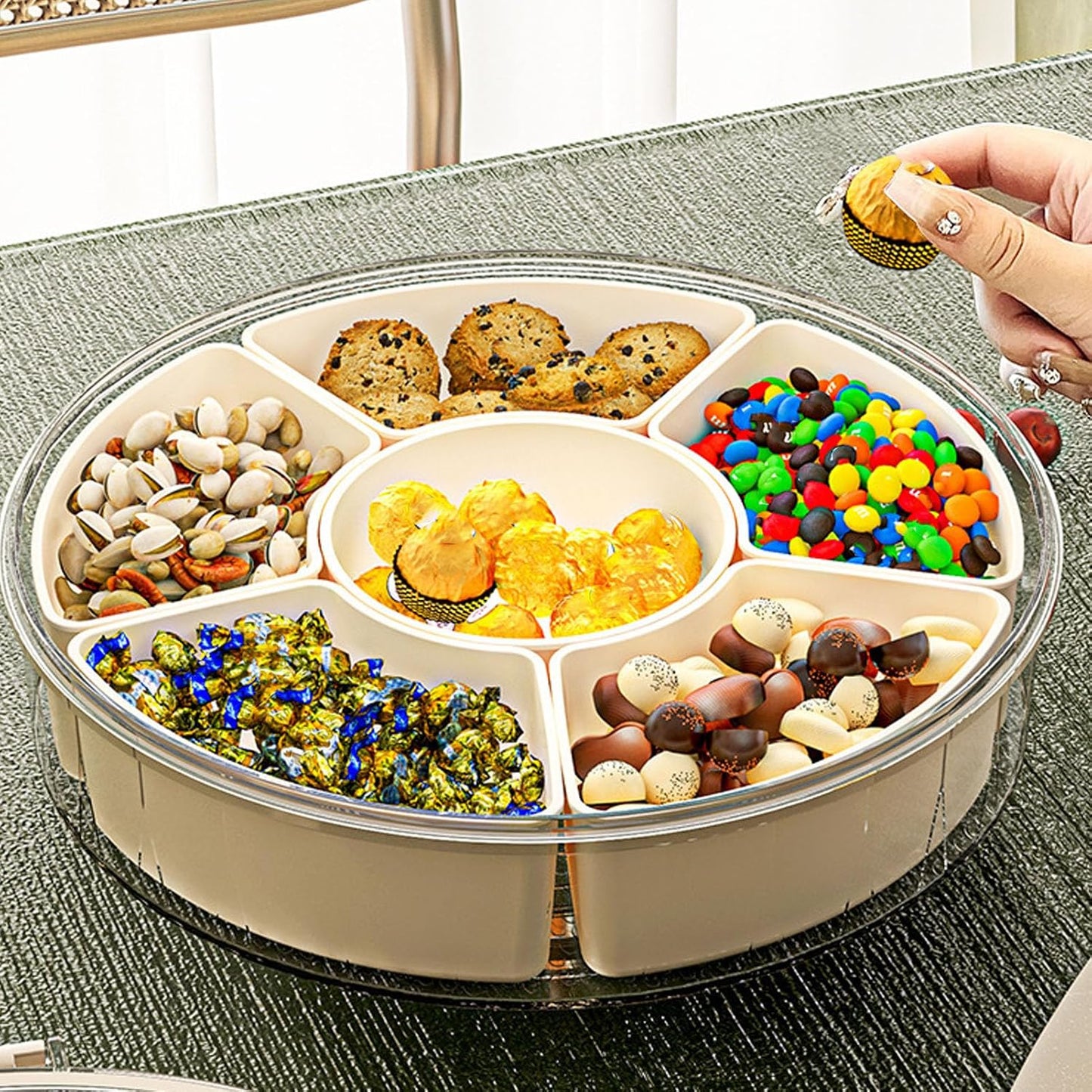 Rotating Snackle Box Container with Lid and Handle, 6 Compartments Round Lazy Susan 360° Divided Serving Tray, Divided Serving Tray for Road Trips Picnics (Large Size)