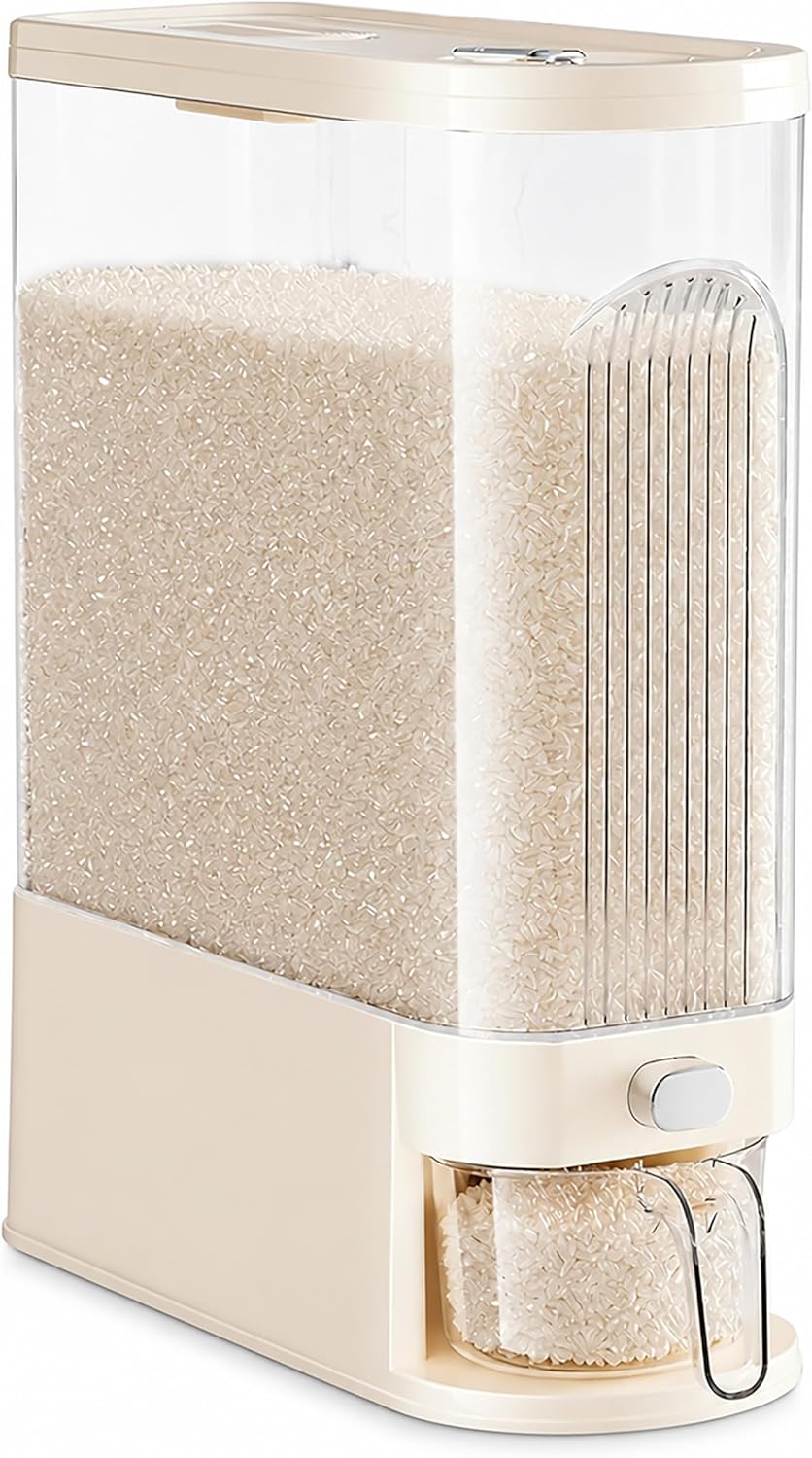 Slim Rice Dispenser with Manual Date Tracker, 22 Lbs Large Grain Storage Container for Kitchen Gap, 4.72" Wide Narrow Rice Bin with Measuring Cup, Beige